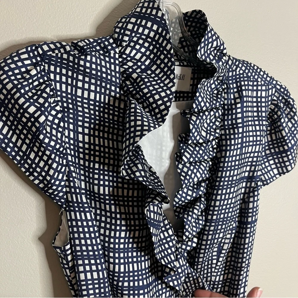 Elizabeth McKay Size 8 Scotland Dress Silk Wrap Navy White Ruffle Collar R16 - Picture 2 of 7